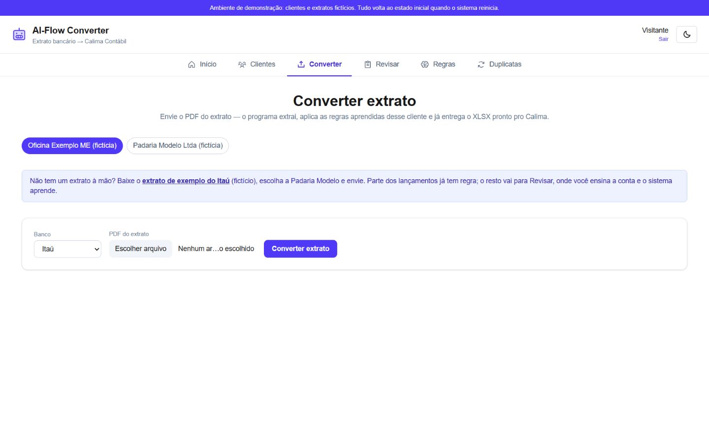 Tela real do AI-Flow Converter: envio do extrato em PDF, com clientes fictícios